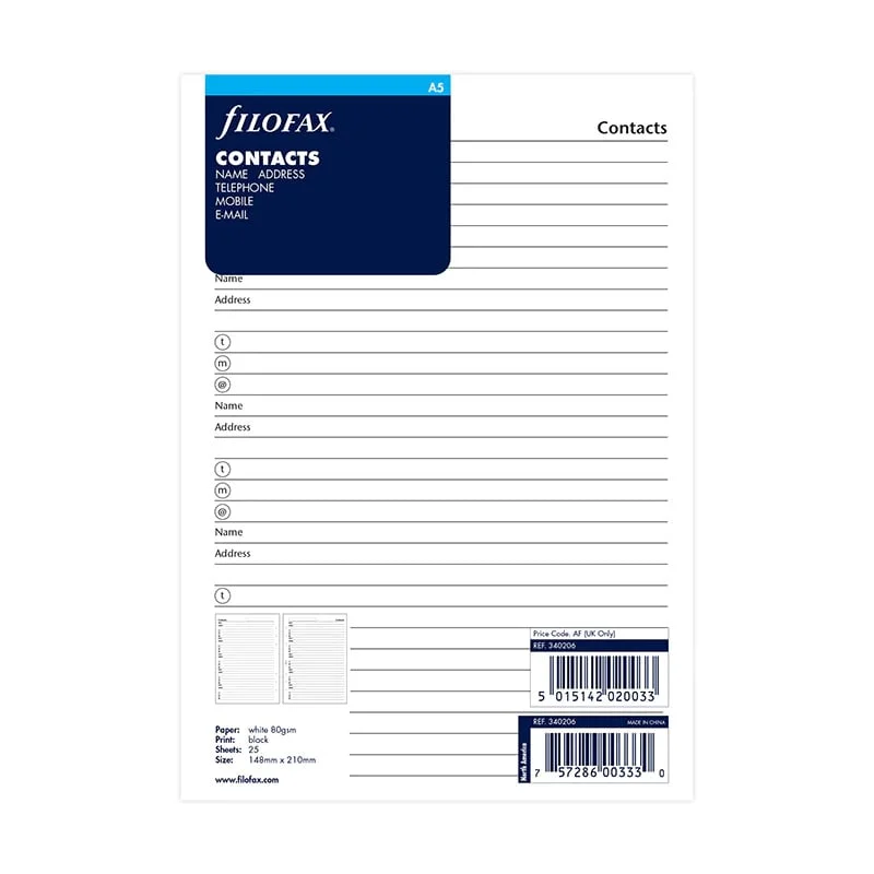 Filofax Organizer Refill, A5, names, addresses & phones