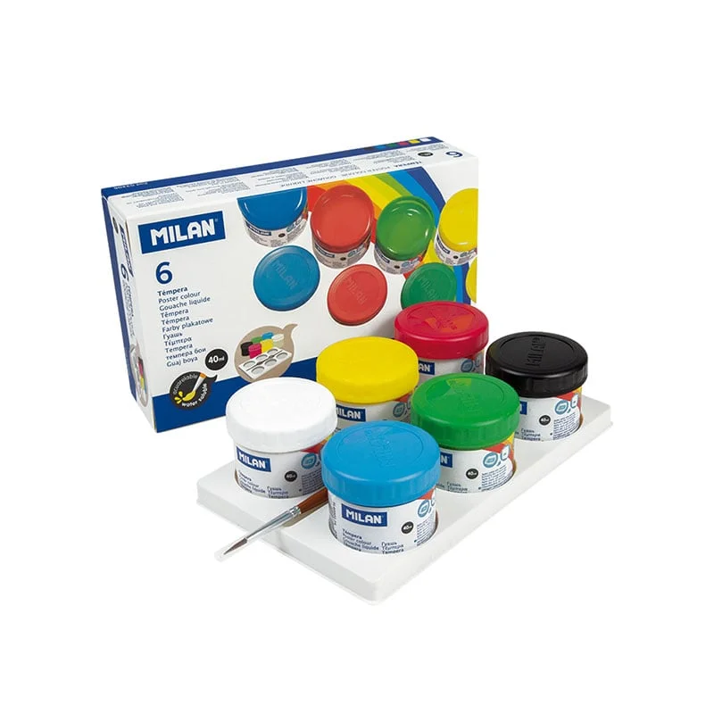 Milan Tempera paints, 40 ml, 6 colors, with brush