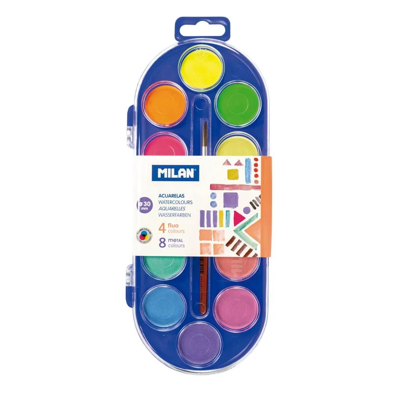 Milan Watercolours, 30 mm, 12 colours, with brush included
