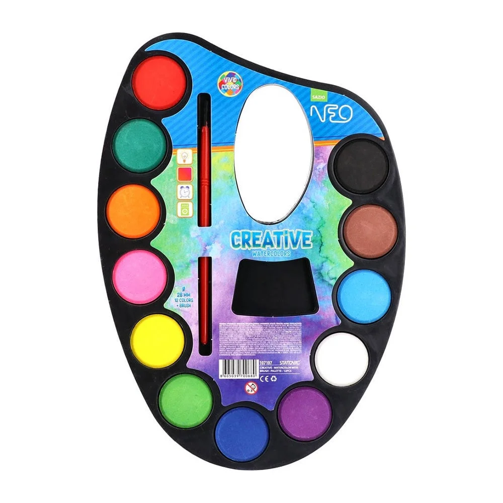 Sazio Creative Watercolours, with palette and brush, 12 colours