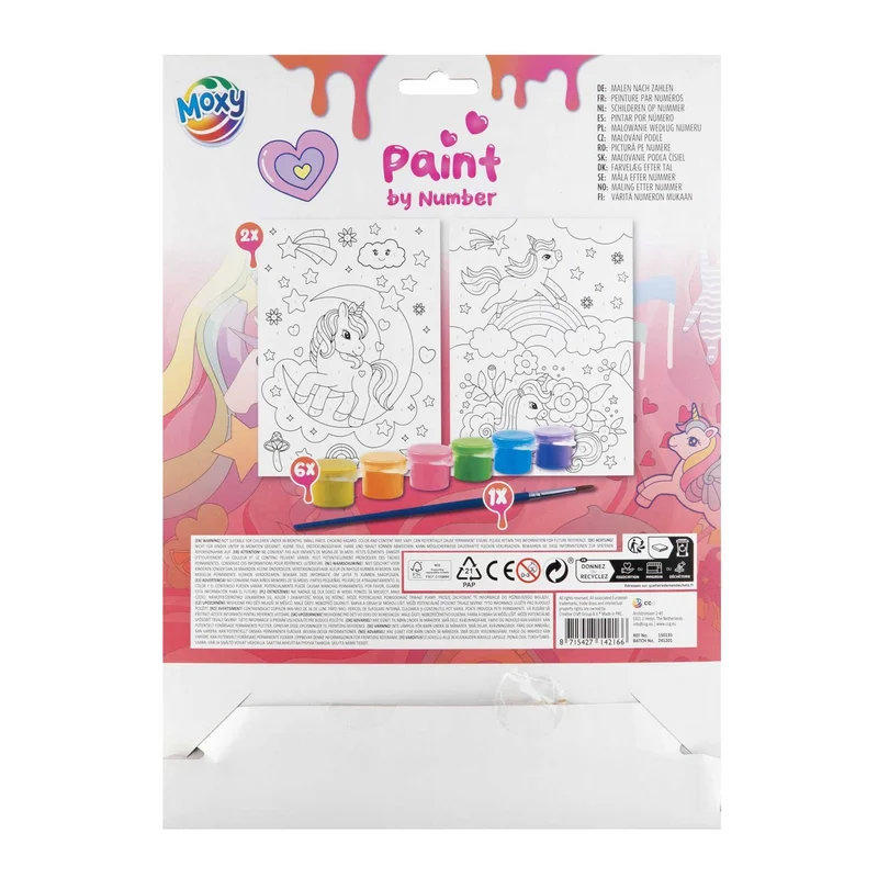 Moxy Paint by Numbers Unicorn, 2xA4, with brush and 6 paints
