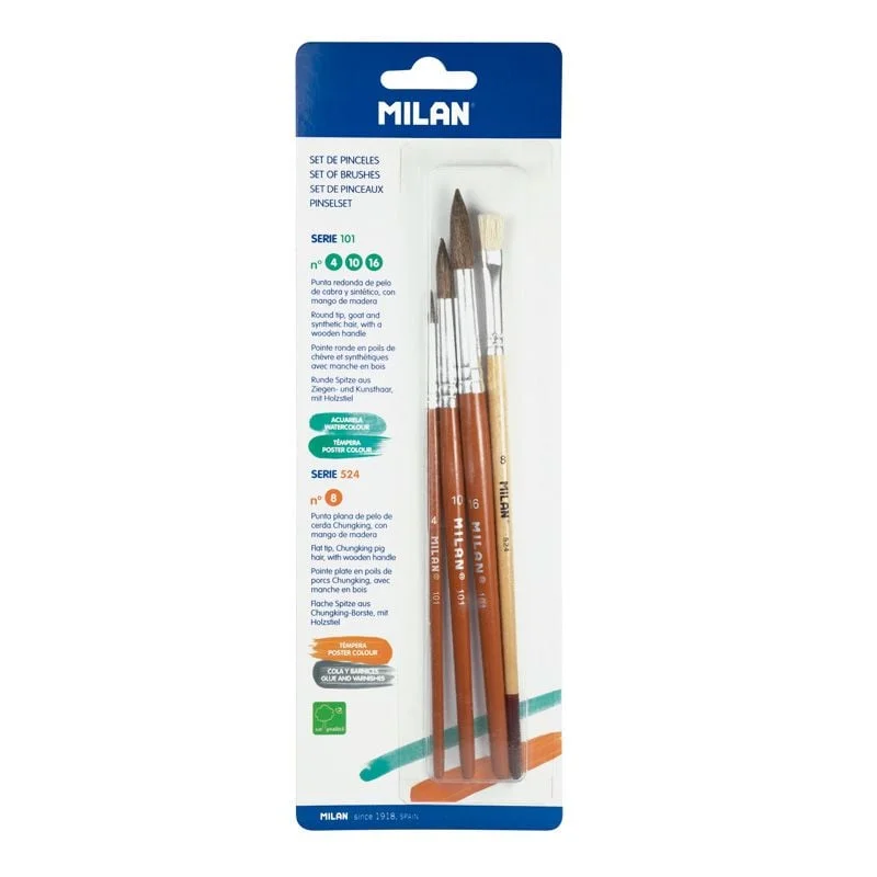 Milan Paintbrush Set 101, 4 pcs Blister, Sizes 4, 8, 10 and 16