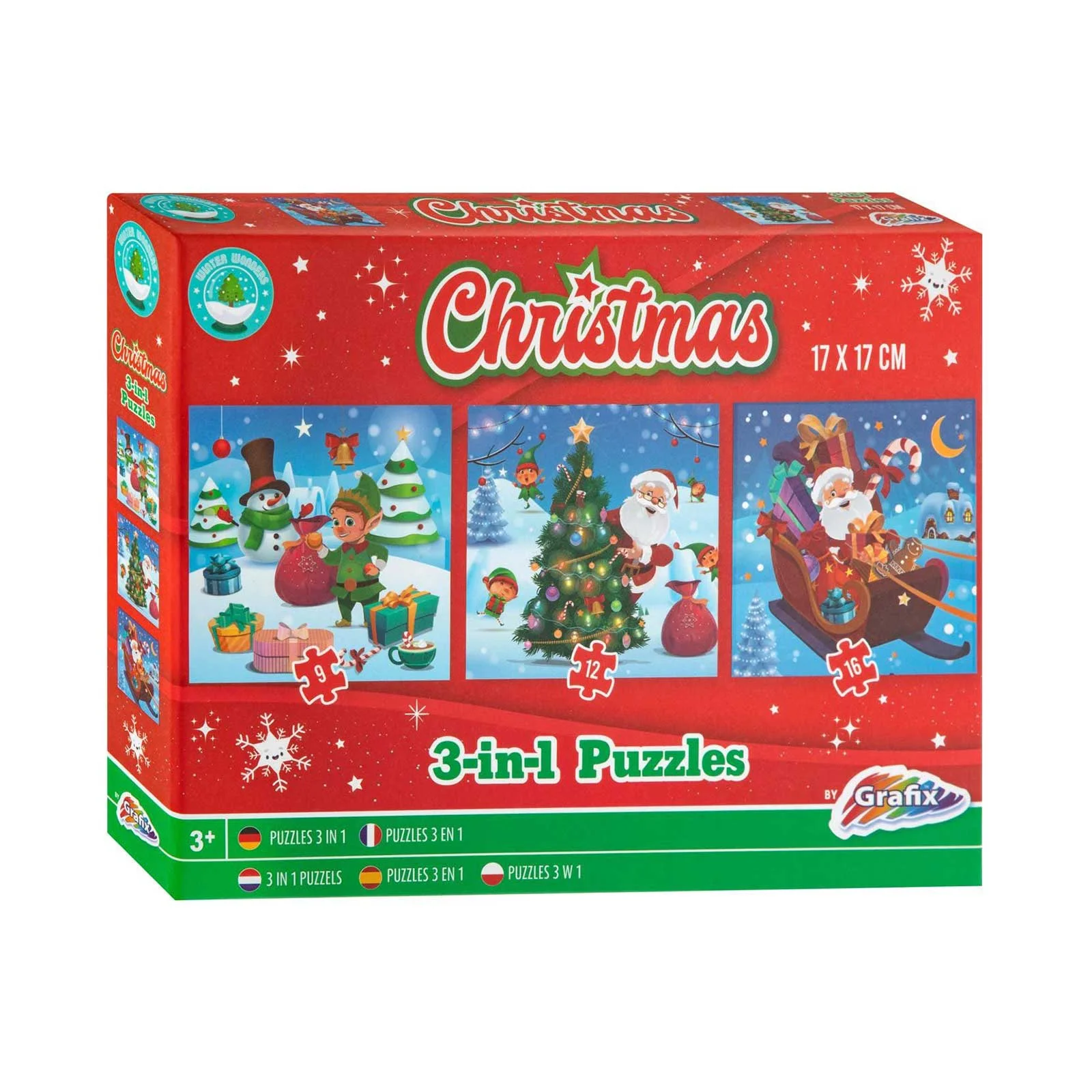 Moxy Puzzle, Christmas motifs, 3 in 1, 17 x 17 cm, 9, 12 and 16 pcs