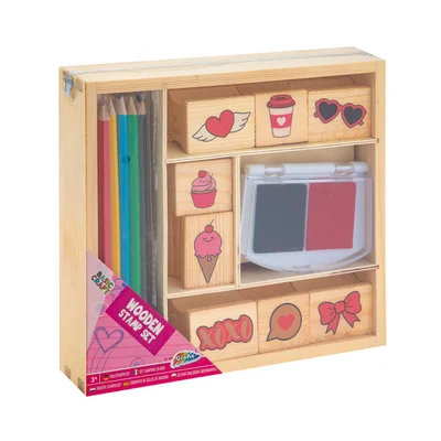Moxy Set of wooden stamps and colored pencils, in box, pink