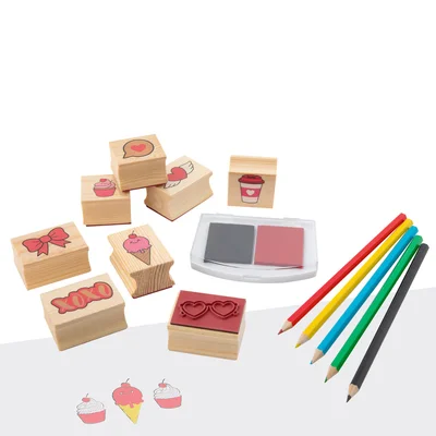 Moxy Set of wooden stamps and colored pencils, in box, pink