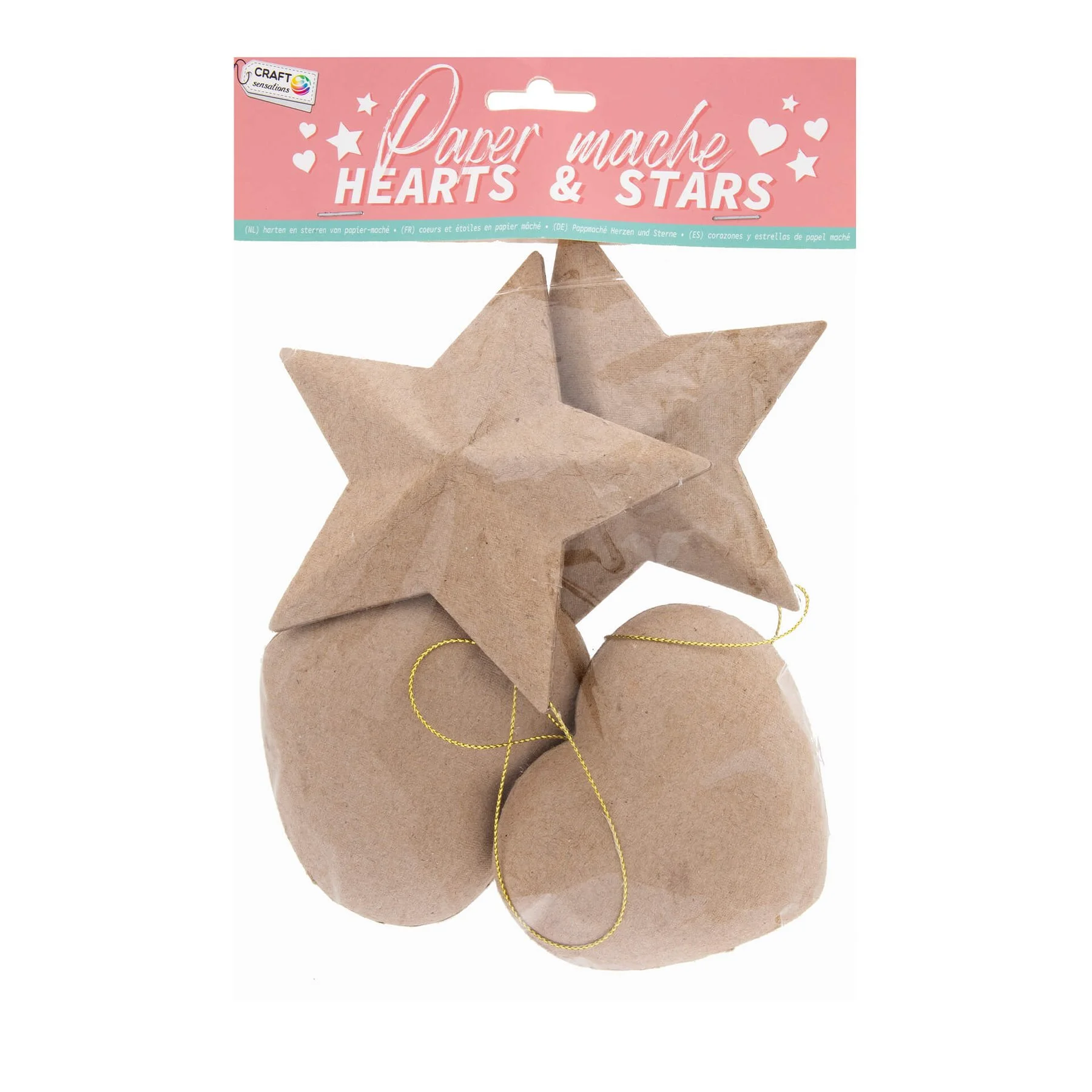 Craft ID Hearts and stars for decoration, papier-mache, 4 pieces