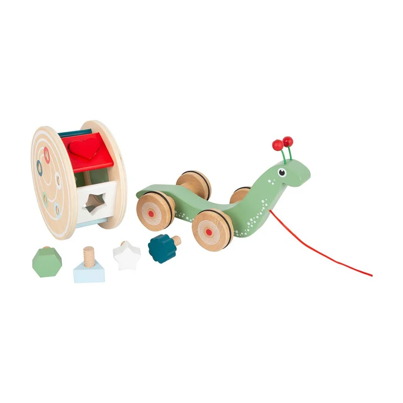 Small Foot Pull-along Toy Snail, with shape sorter, wooden
