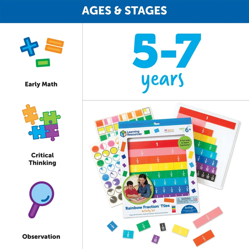 Learning Resources Плочки с дроби, цветни, 54 части