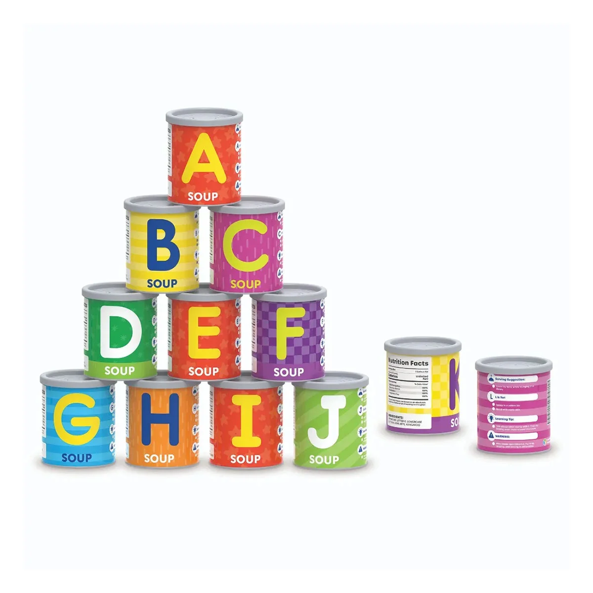 LER SOUP CANS WITH THE ENGLISH ALPHABET FOR SORTING AND COUNTING