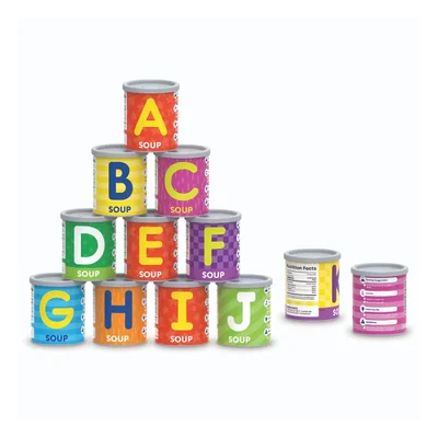 LER SOUP CANS WITH THE ENGLISH ALPHABET FOR SORTING AND COUNTING