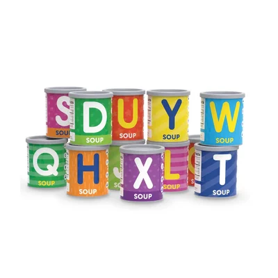 LER SOUP CANS WITH THE ENGLISH ALPHABET FOR SORTING AND COUNTING