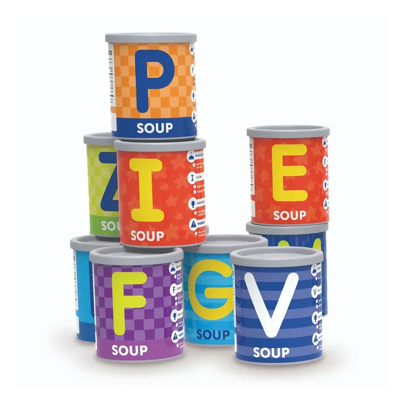 LER SOUP CANS WITH THE ENGLISH ALPHABET FOR SORTING AND COUNTING