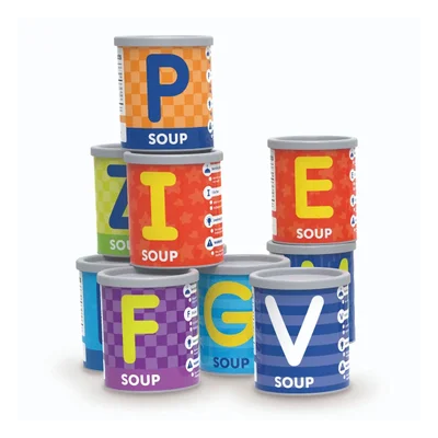 LER SOUP CANS WITH THE ENGLISH ALPHABET FOR SORTING AND COUNTING