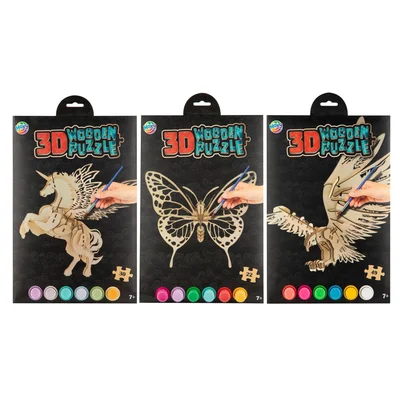 MOXY 3D WOODEN PUZZLE + BRUSH AND 6 PAINT COLORS ASSORTED PACK 12