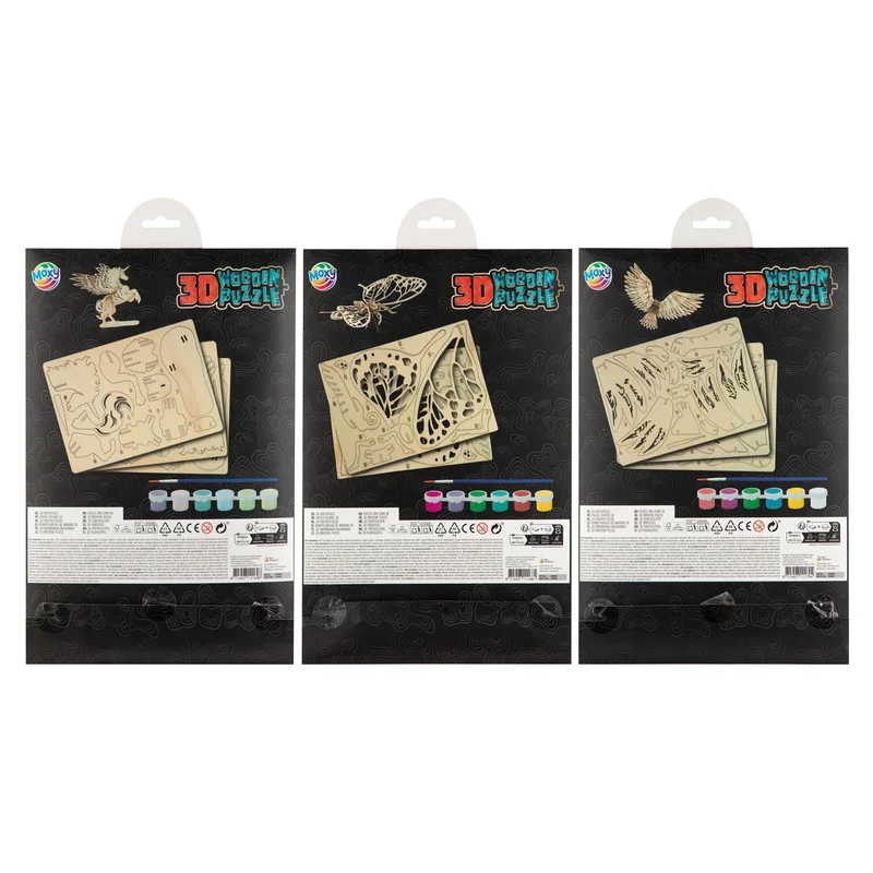 MOXY 3D WOODEN PUZZLE + BRUSH AND 6 PAINT COLORS ASSORTED PACK 12