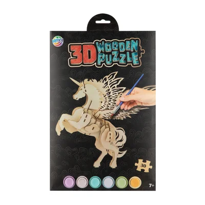 MOXY 3D WOODEN PUZZLE + BRUSH AND 6 PAINT COLORS UNICORN
