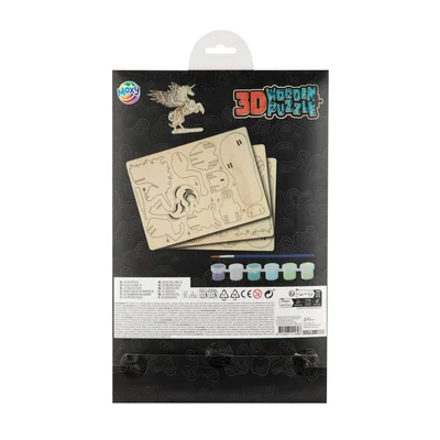 MOXY 3D WOODEN PUZZLE + BRUSH AND 6 PAINT COLORS UNICORN