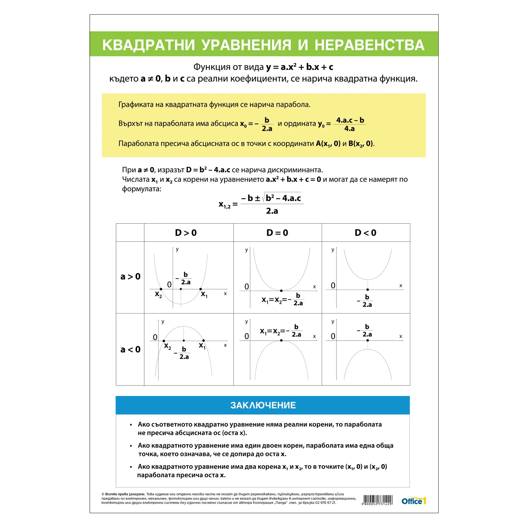 Office 1 Educational board “Quadratic equations and inequalities”, 70 x 100 cm, double-sided