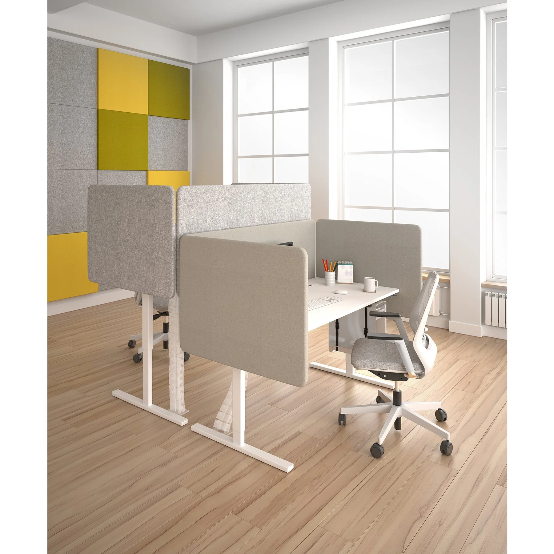 Acoustic desk screen Narbutas Top 530, 800 x 36 x 530 mm, fabric Velito Presto light gray melange, chipboard 16 mm, gray metal