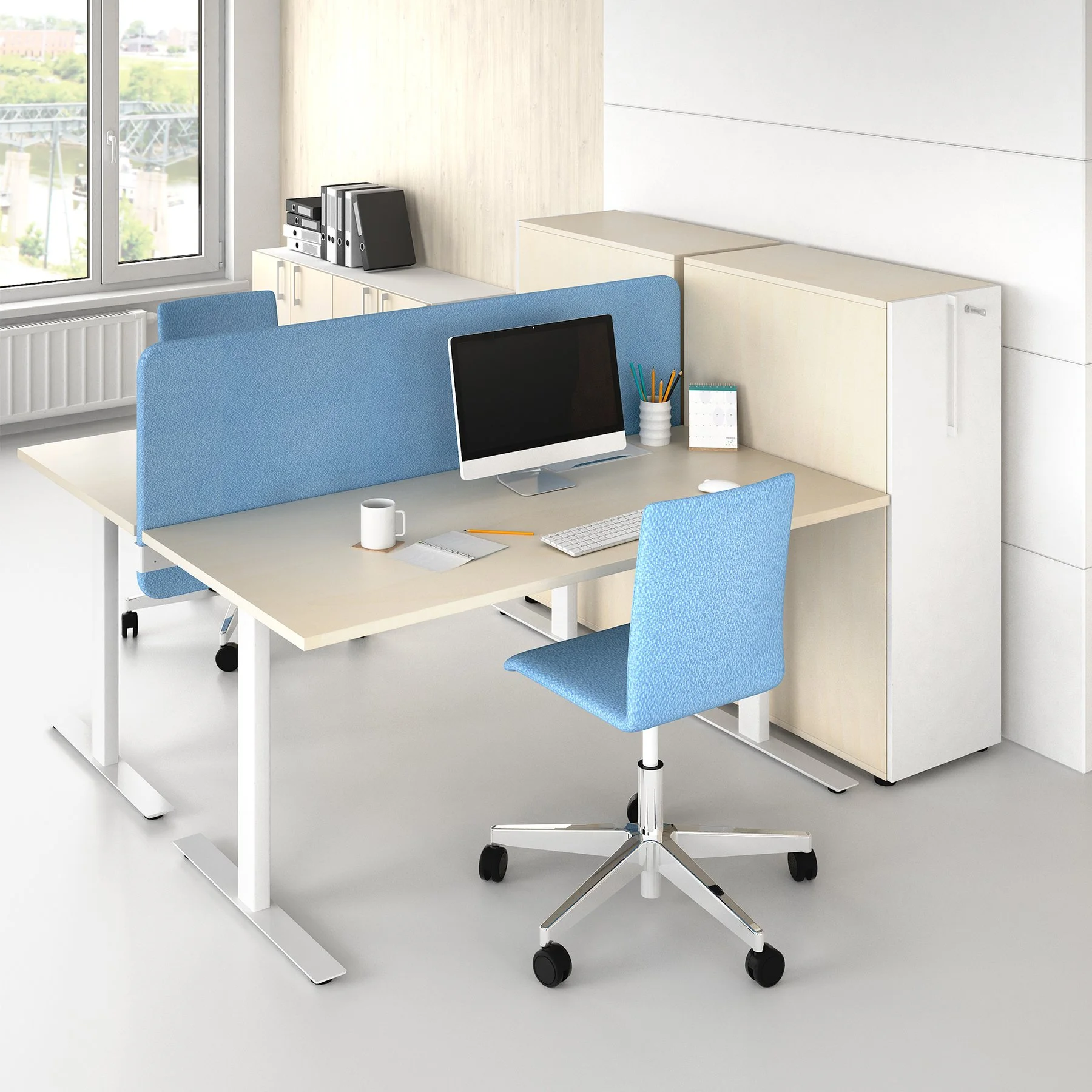 Soundproof desk partition Narbutas Top 530, adjustable height, 1600 x 36 x 500 mm, Velito Presto fabric light mint, chipboard 16 mm, gray metal