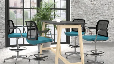 High table Narbutas Nova Wood, 1200 x 700 x 1050 mm, MDF 26 mm, black HPL top, light ash legs