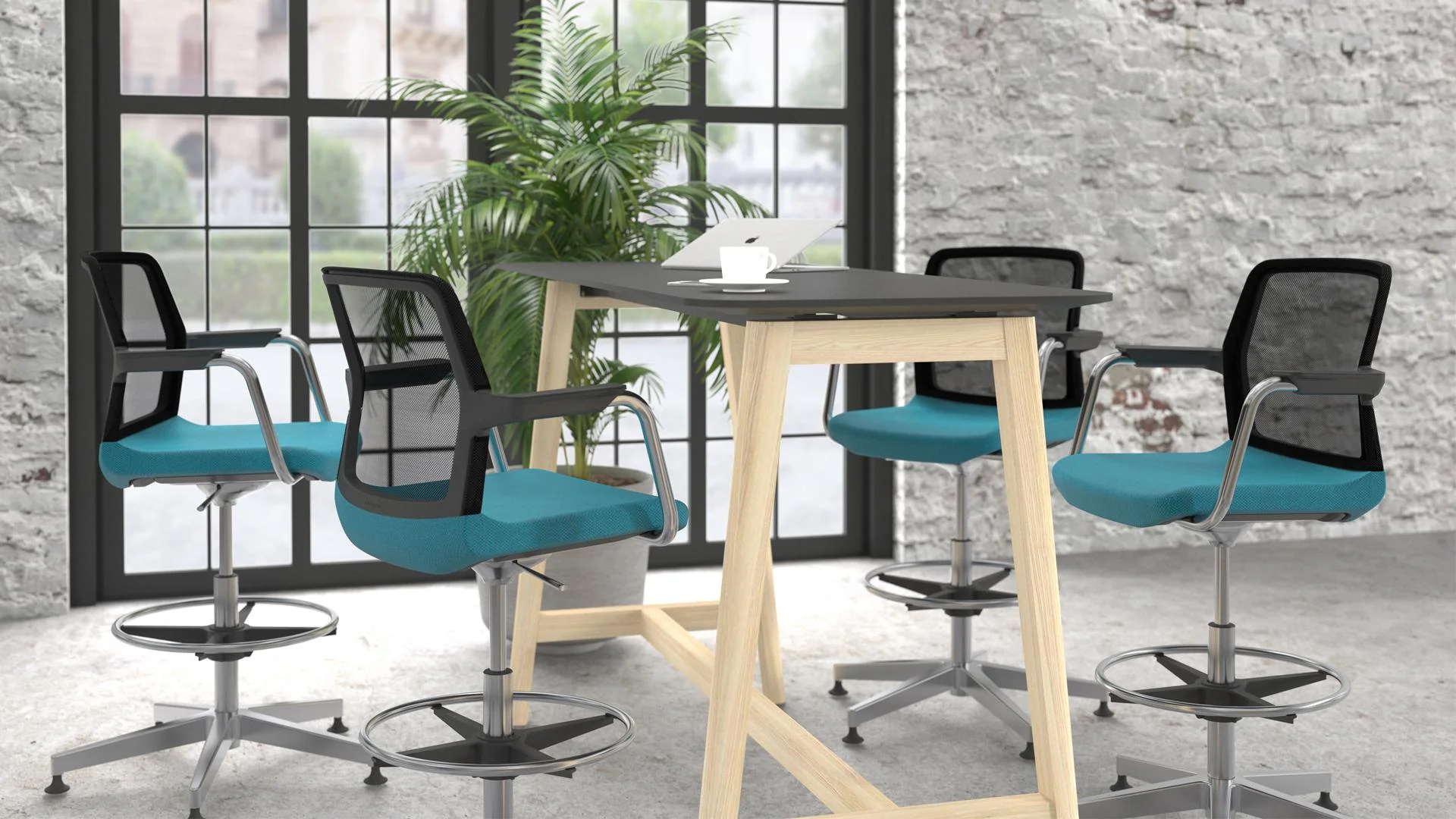 Висока маса Narbutas Nova Wood, 1400 x 700 x 1050 mm, MDF 26 mm, HPL черен плот, крака светъл ясен