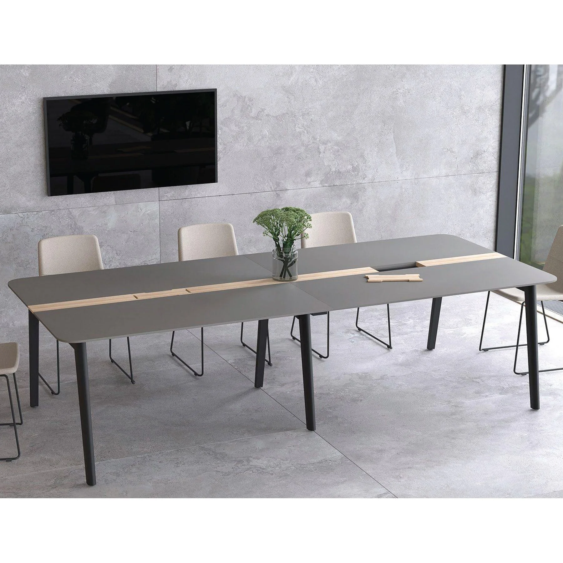 Conference table Narbutas Nova Wood, 2400 x 1200 x 740 mm, rectangular top, MDF 26 mm, HPL white top with black edge, black wooden legs