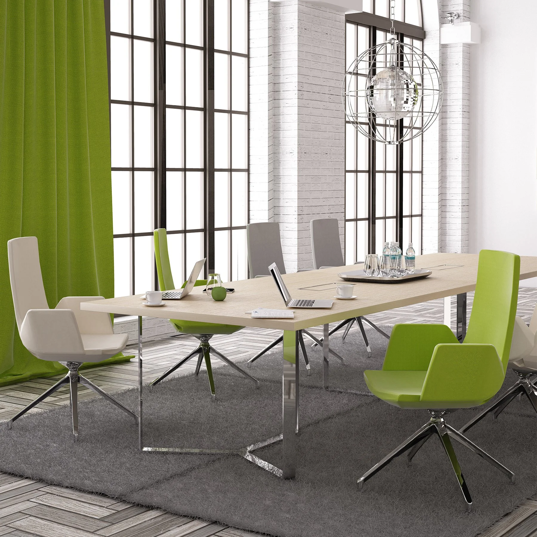 Conference table Narbutas Plana, 2400 x 1200 x 750 mm, rectangular top, oak veneer, white metal, white metal cable box