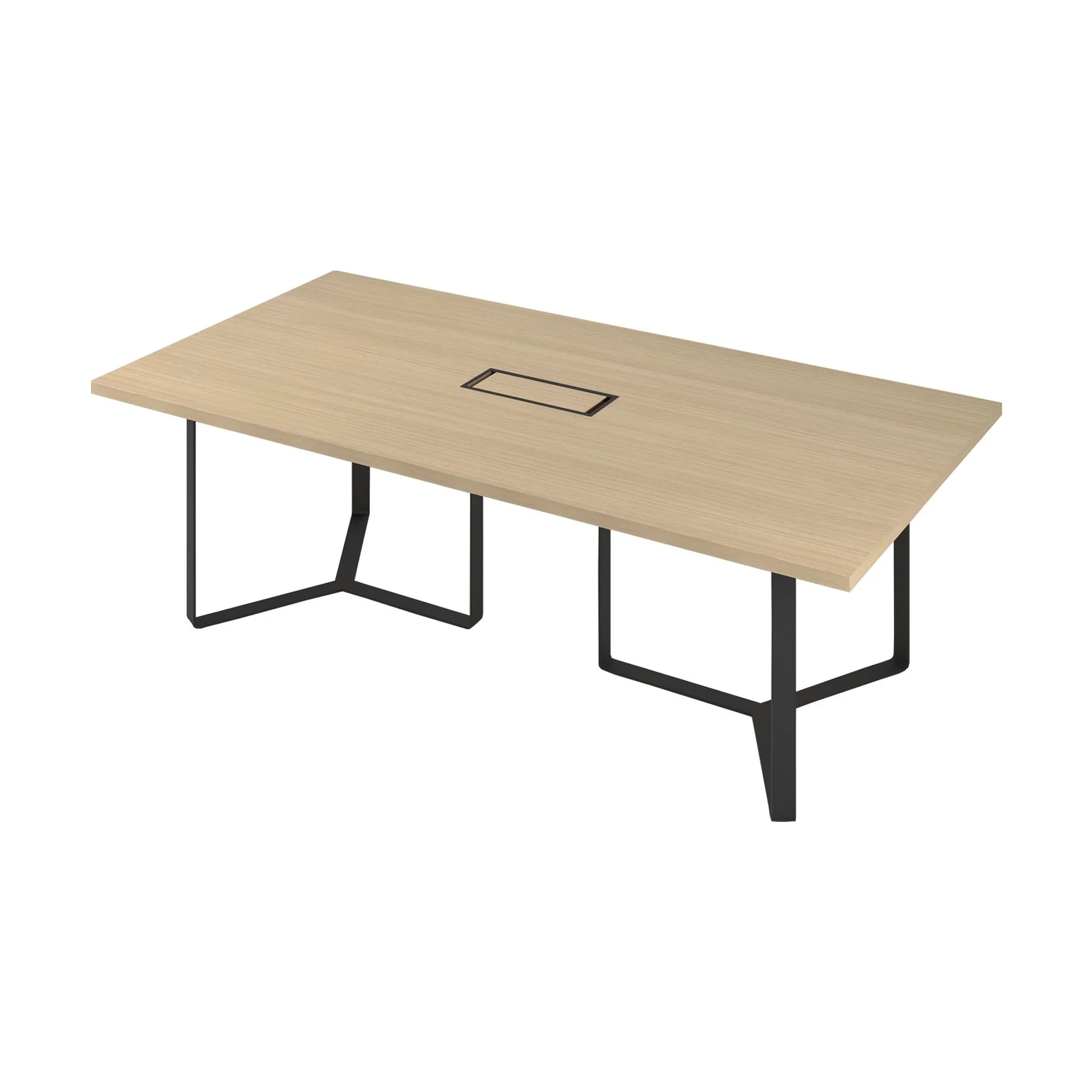 Conference table Narbutas Plana, 2400 x 1200 x 750 mm, rectangular top, chipboard 36 mm, bleached oak melamine, black metal, black metal cable box