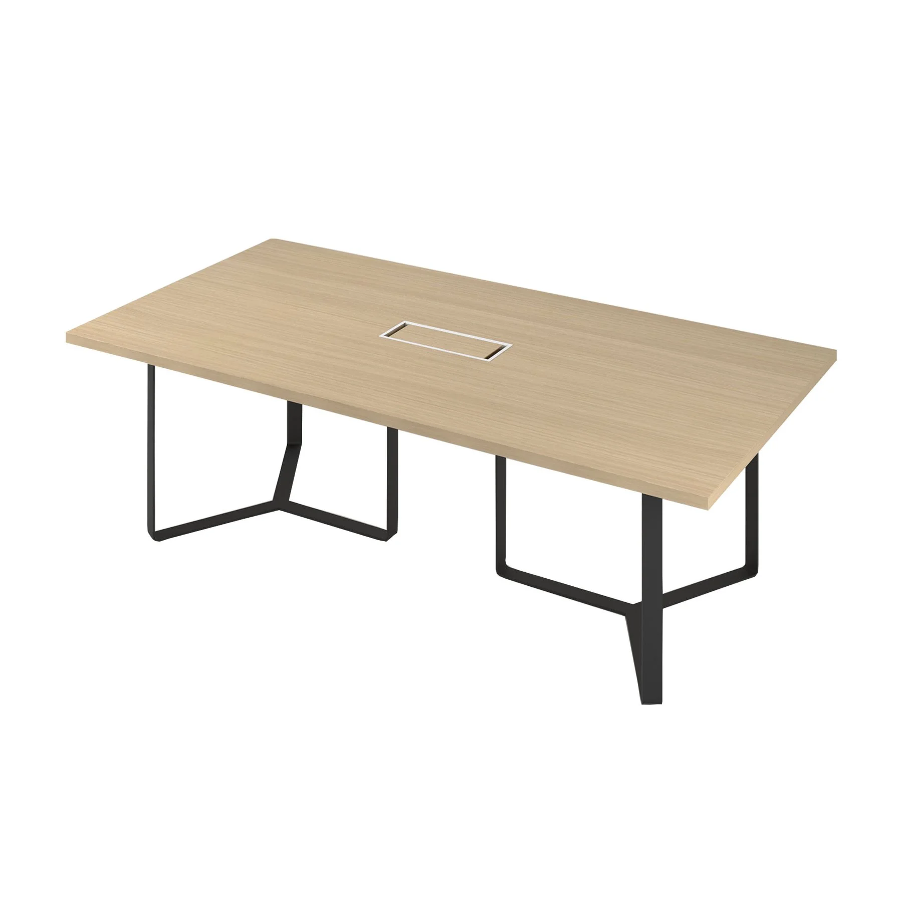 Conference table Narbutas Plana, 2400 x 1200 x 750 mm, rectangular top, chipboard 36 mm, bleached oak melamine, black metal, white metal cable box