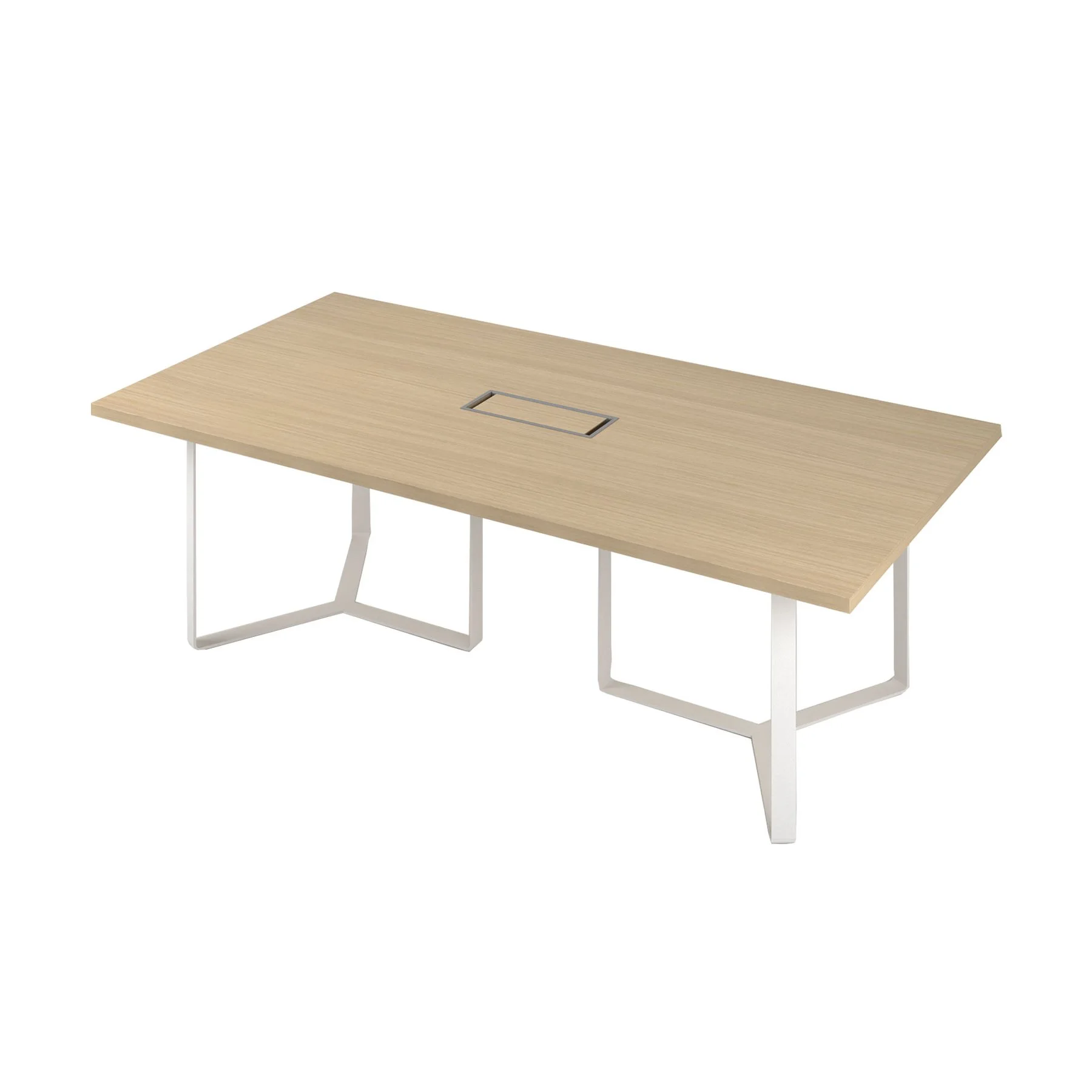 Conference table Narbutas Plana, 2400 x 1200 x 750 mm, rectangular top, chipboard 36 mm, bleached oak melamine, white metal, grey metal cable box