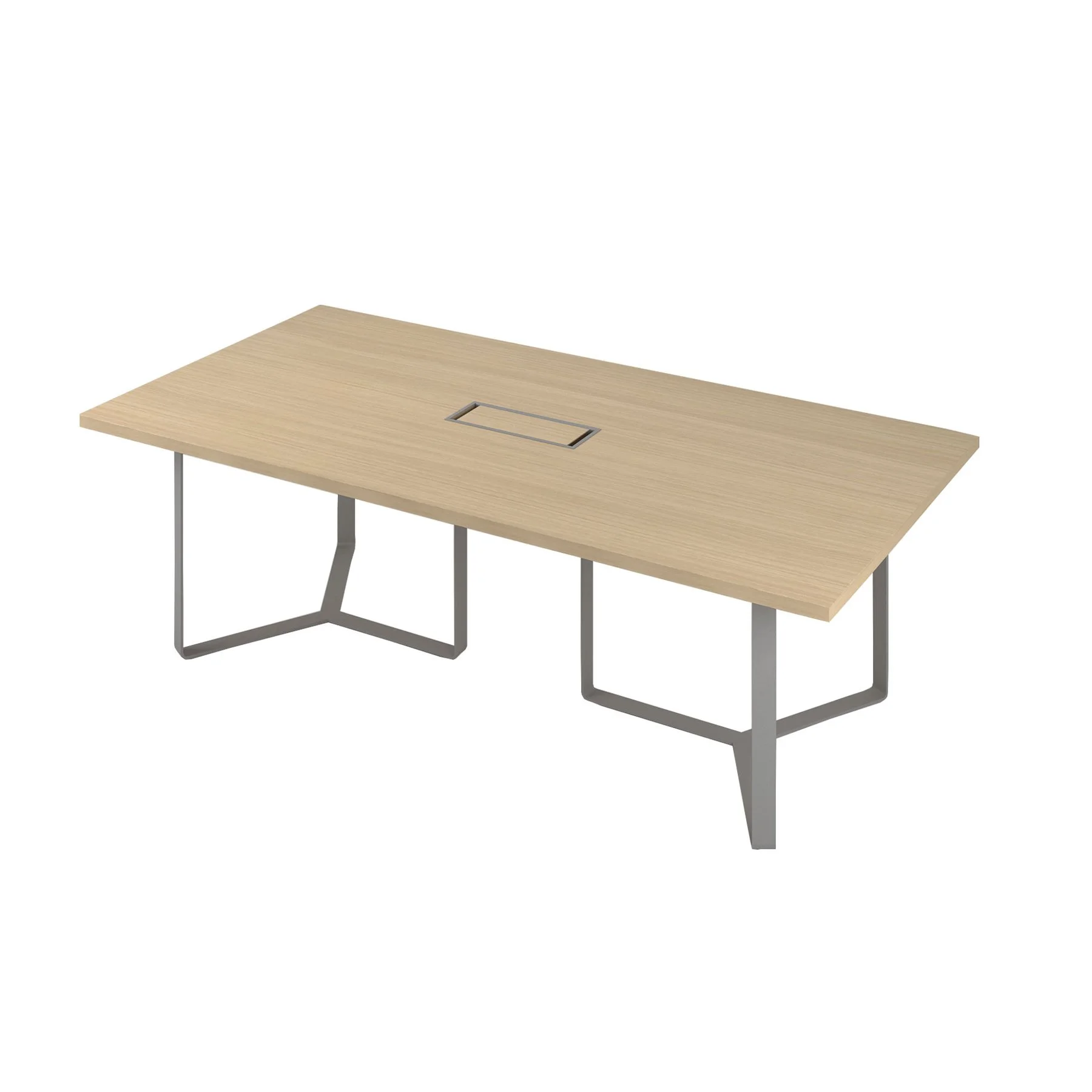Conference table Narbutas Plana, 2400 x 1200 x 750 mm, rectangular top, chipboard 36 mm, bleached oak melamine, grey metal, white metal cable box