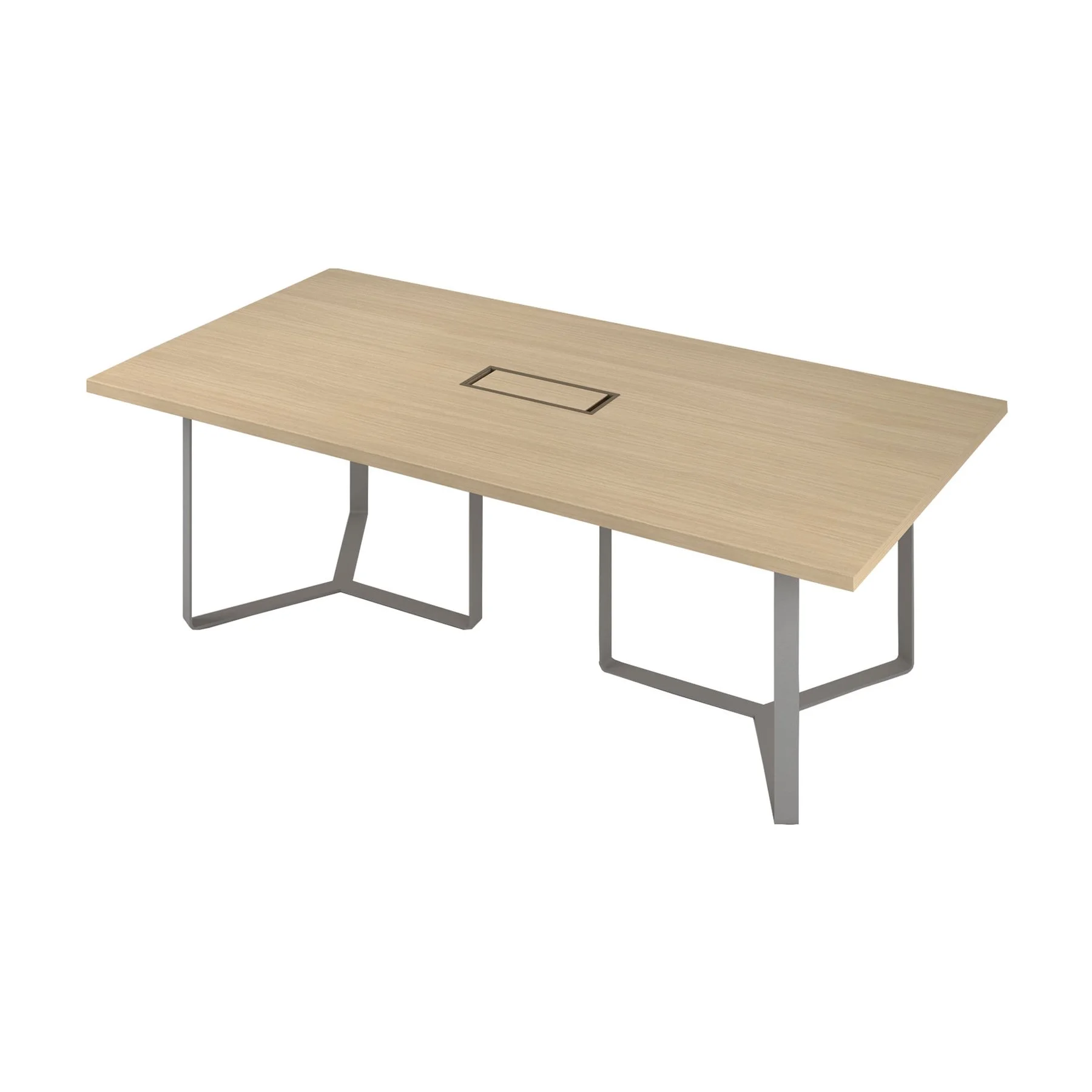 Conference table Narbutas Plana, 2400 x 1200 x 750 mm, rectangular top, chipboard 36 mm, bleached oak melamine, grey metal, grey metal cable box