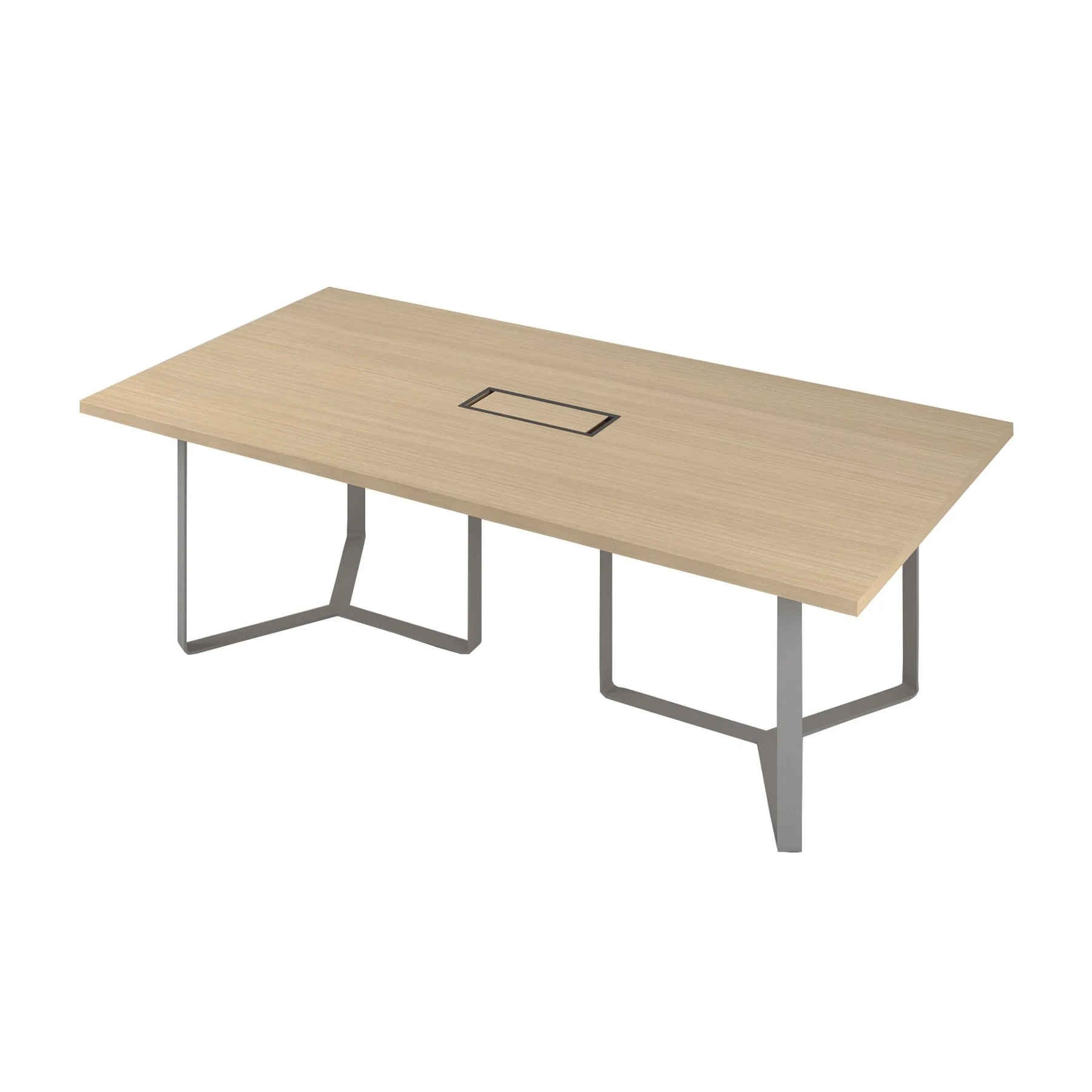 Conference table Narbutas Plana, 2400 x 1200 x 750 mm, rectangular top, chipboard 36 mm, bleached oak melamine, grey metal, bronze metal cable box