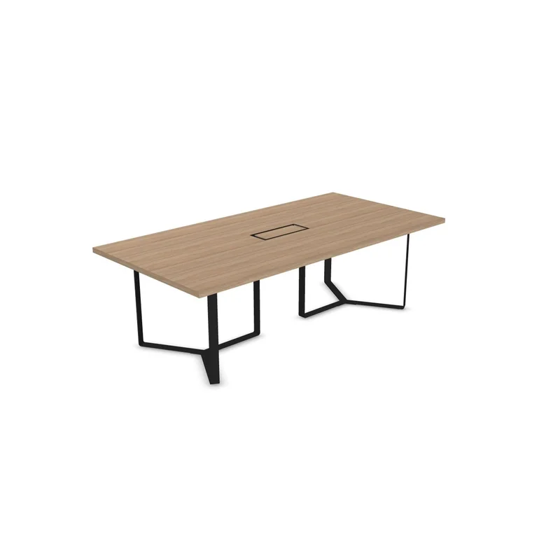 Conference table Narbutas Plana, 2400 x 1200 x 750 mm, rectangular top, chipboard 36 mm, bleached oak, dark grey metal, dark grey cable box