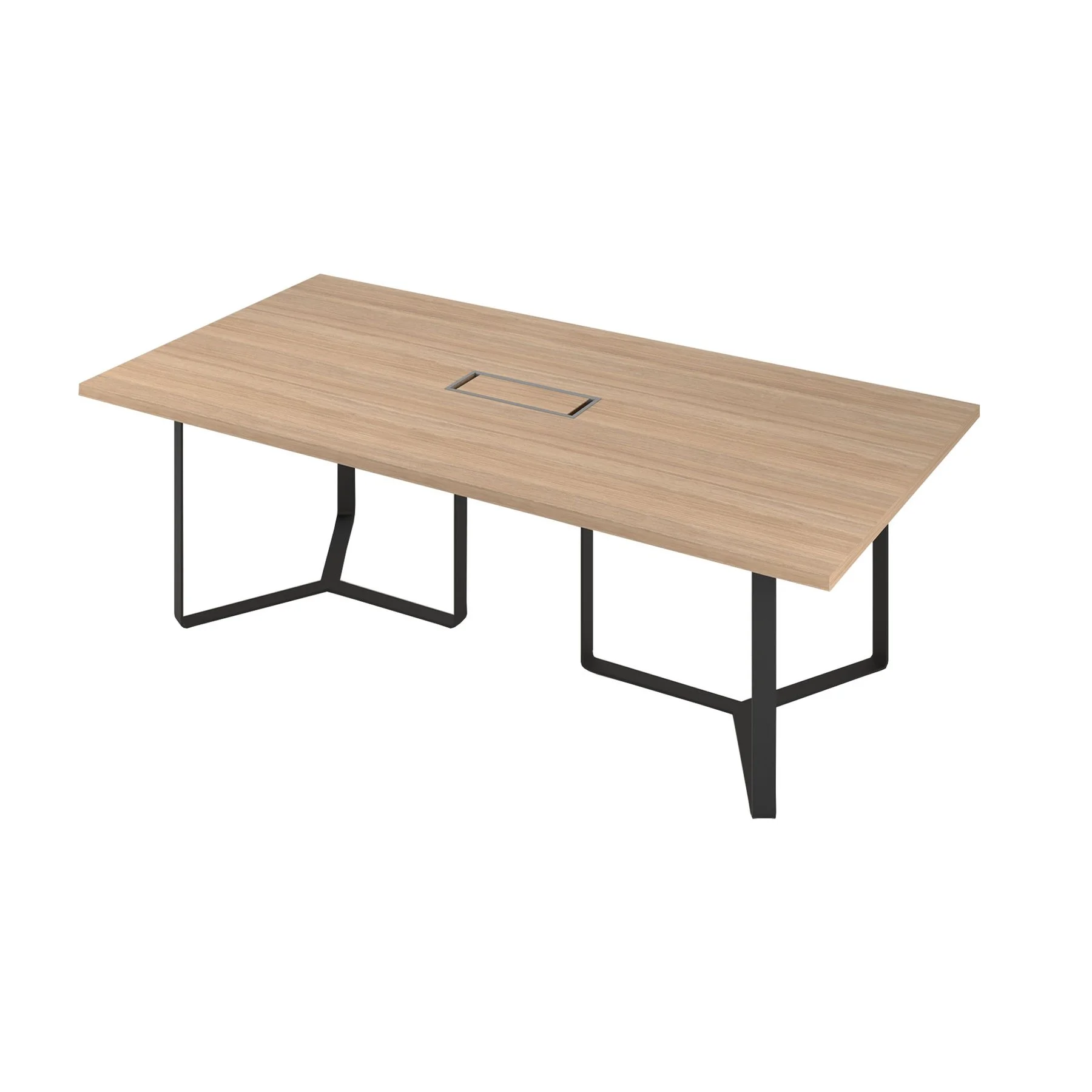 Conference table Narbutas Plana, 2400 x 1200 x 750 mm, rectangular top, chipboard 36 mm, amber oak melamine, black metal, white metal cable box
