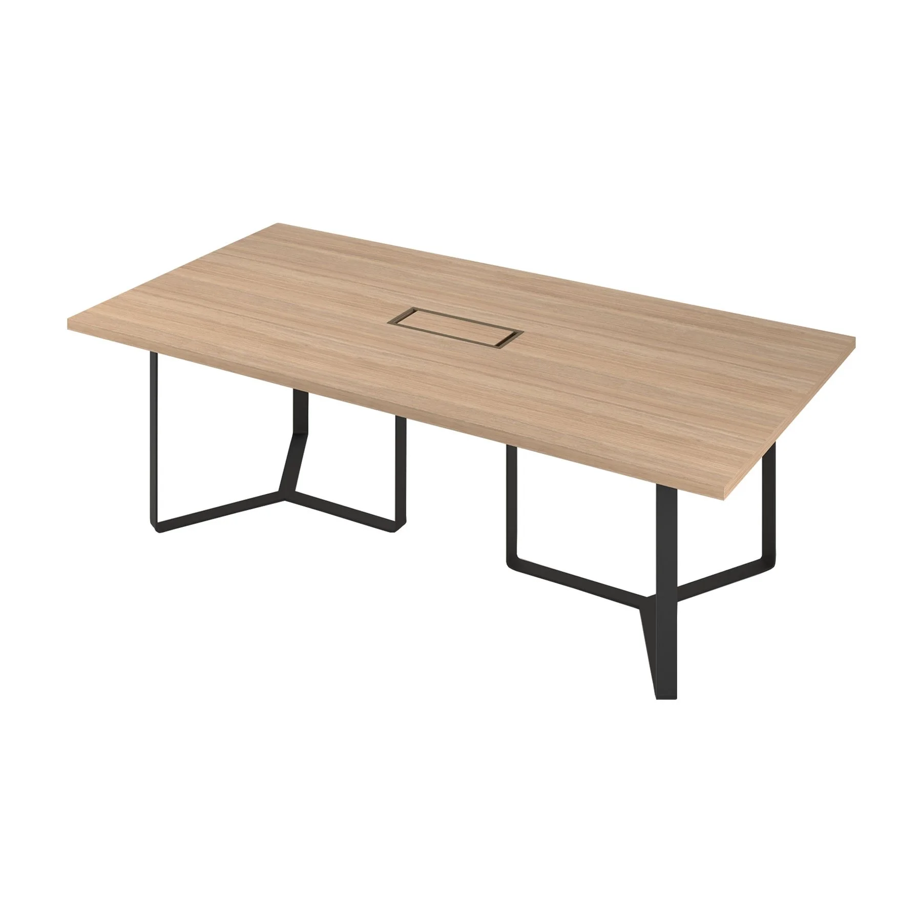 Conference table Narbutas Plana, 2400 x 1200 x 750 mm, rectangular top, chipboard 36 mm, amber oak melamine, black metal, grey metal cable box