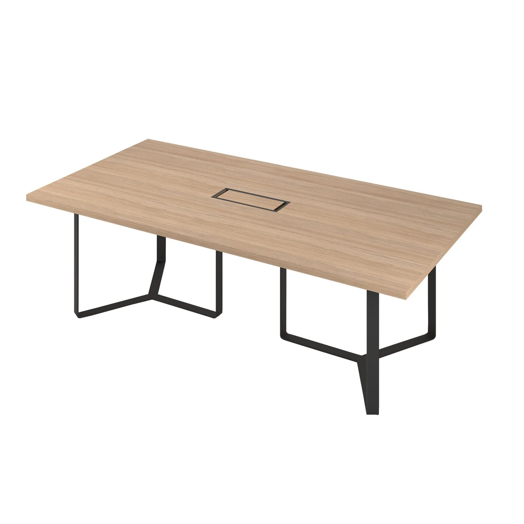 Conference table Narbutas Plana, 2400 x 1200 x 750 mm, rectangular top, chipboard 36 mm, amber oak, black metal, bronze metal cable box