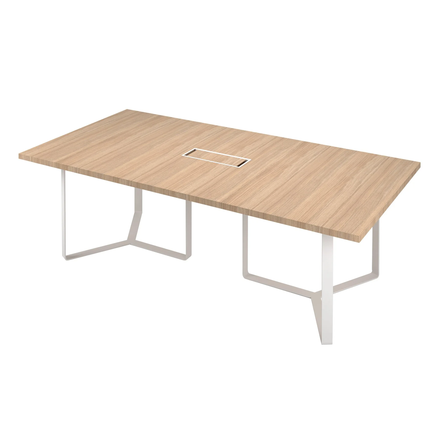 Conference table Narbutas Plana, 2400 x 1200 x 750 mm, rectangular top, chipboard 36 mm, amber oak melamine, white metal, black metal cable box