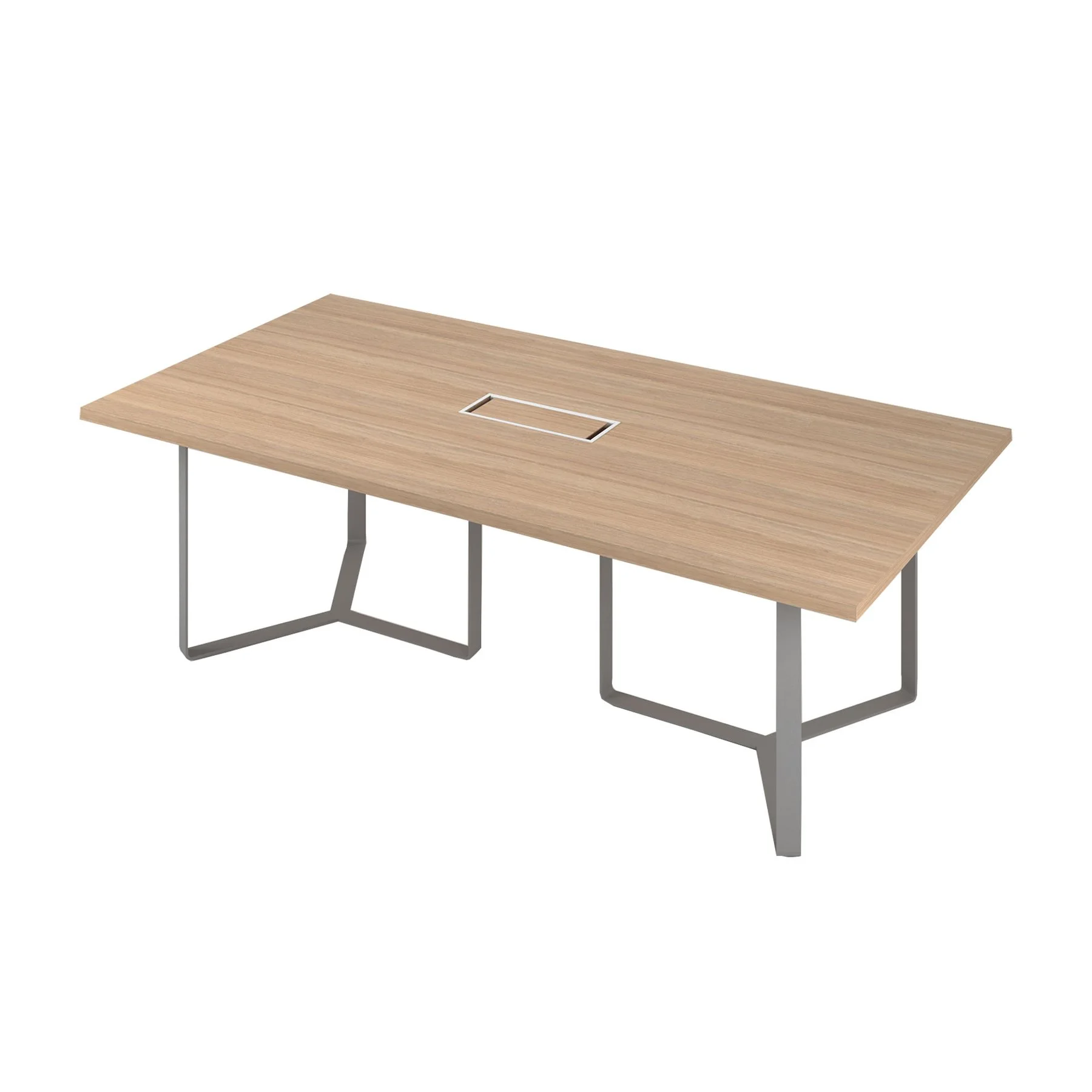 Conference table Narbutas Plana, 2400 x 1200 x 750 mm, rectangular top, chipboard 36 mm, amber oak melamine, grey metal, black metal cable box