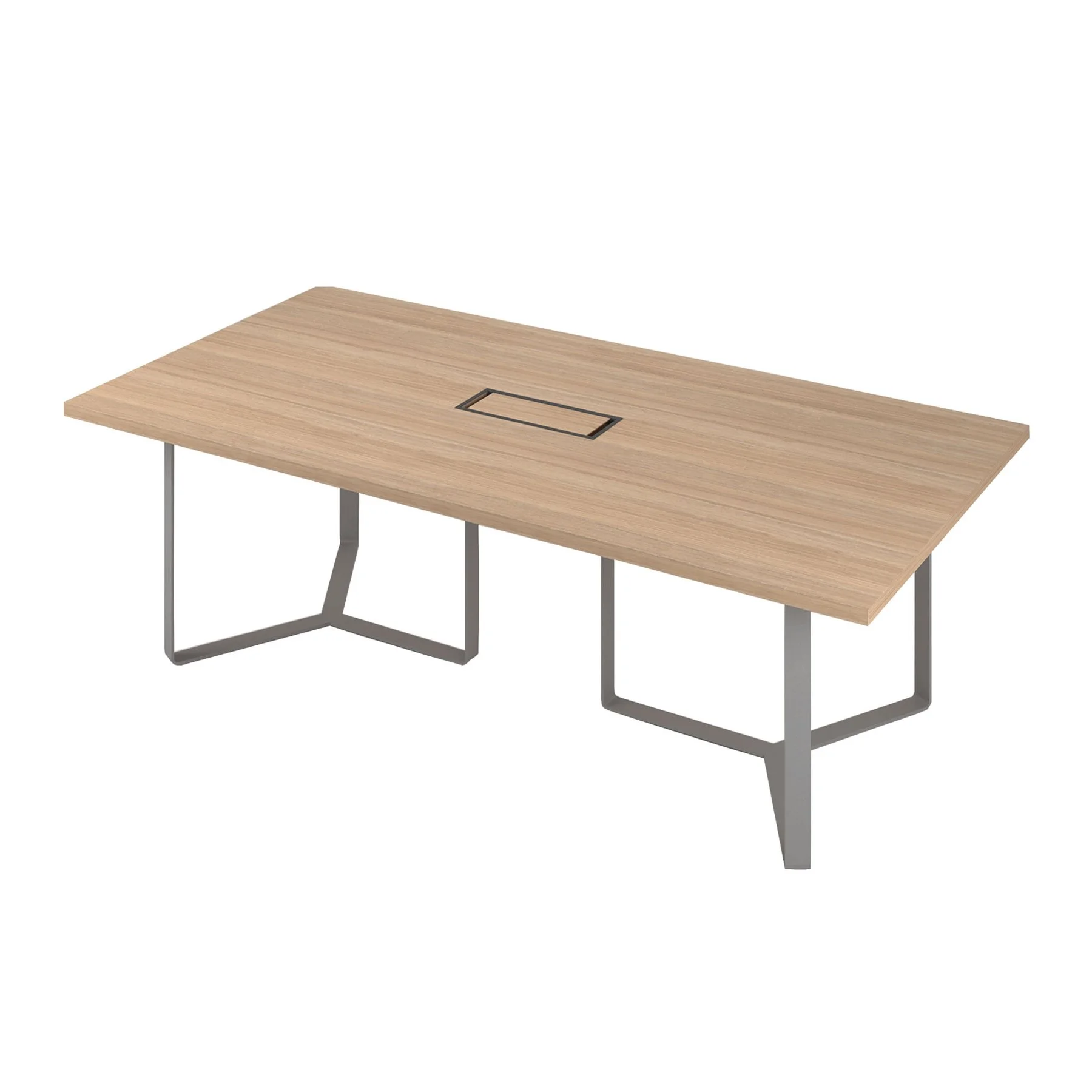 Conference table Narbutas Plana, 2400 x 1200 x 750 mm, rectangular top, chipboard 36 mm, amber oak, grey metal, bronze metal cable box