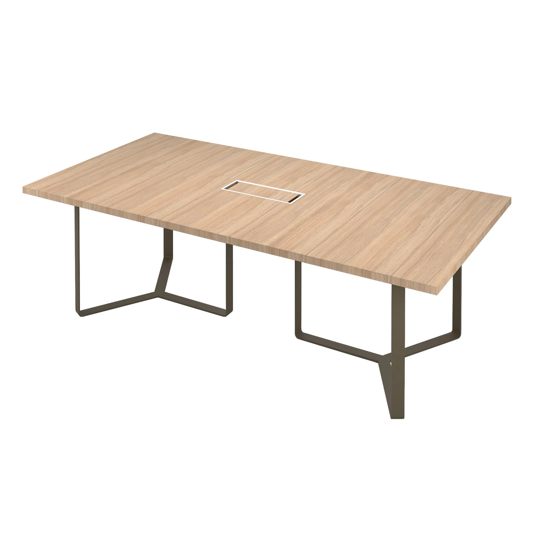 Conference table Narbutas Plana, 2400 x 1200 x 750 mm, rectangular top, chipboard 36 mm, amber oak, bronze metal, black metal cable box