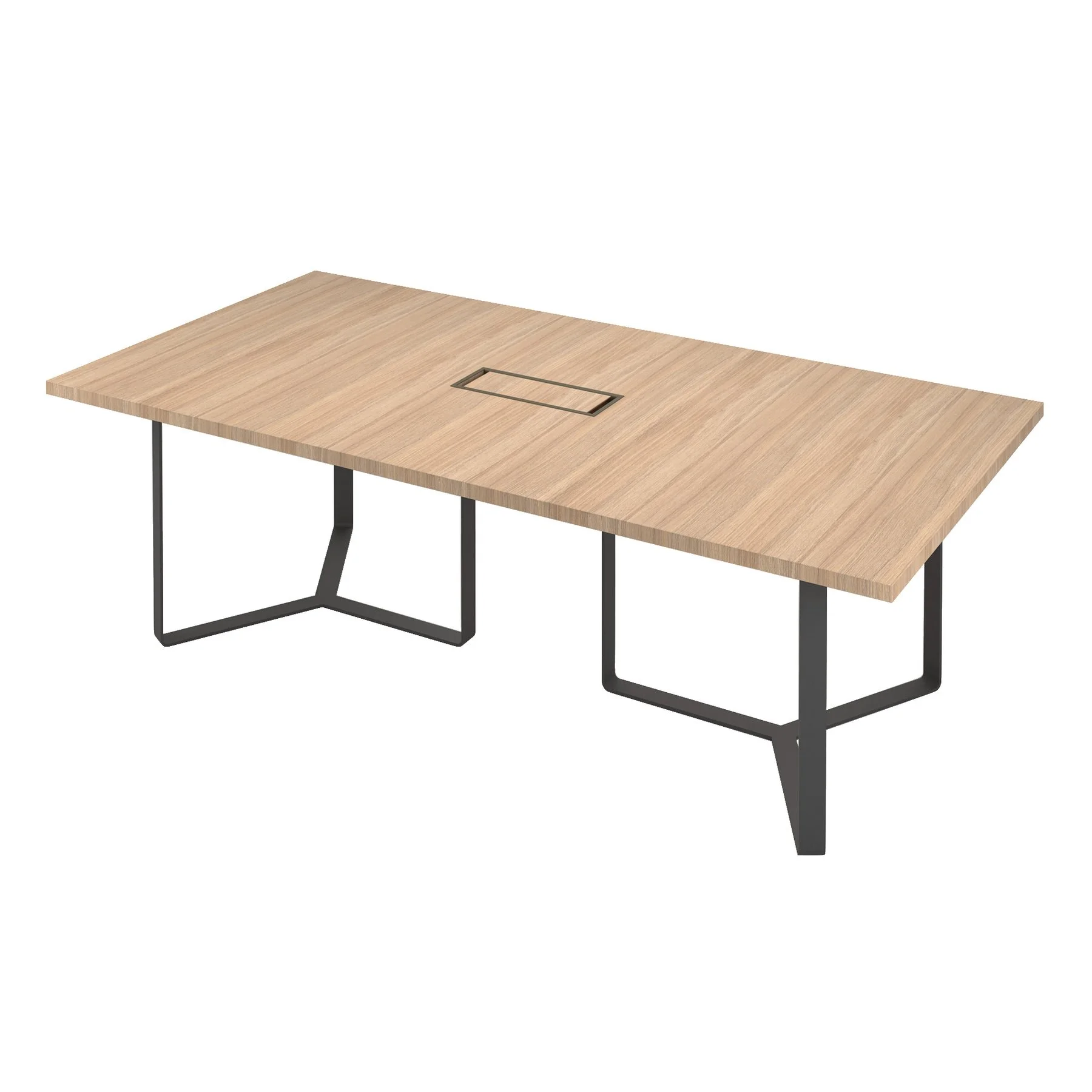 Conference table Narbutas Plana, 2400 x 1200 x 750 mm, rectangular top, chipboard 36 mm, white melamine, black metal, grey metal cable box