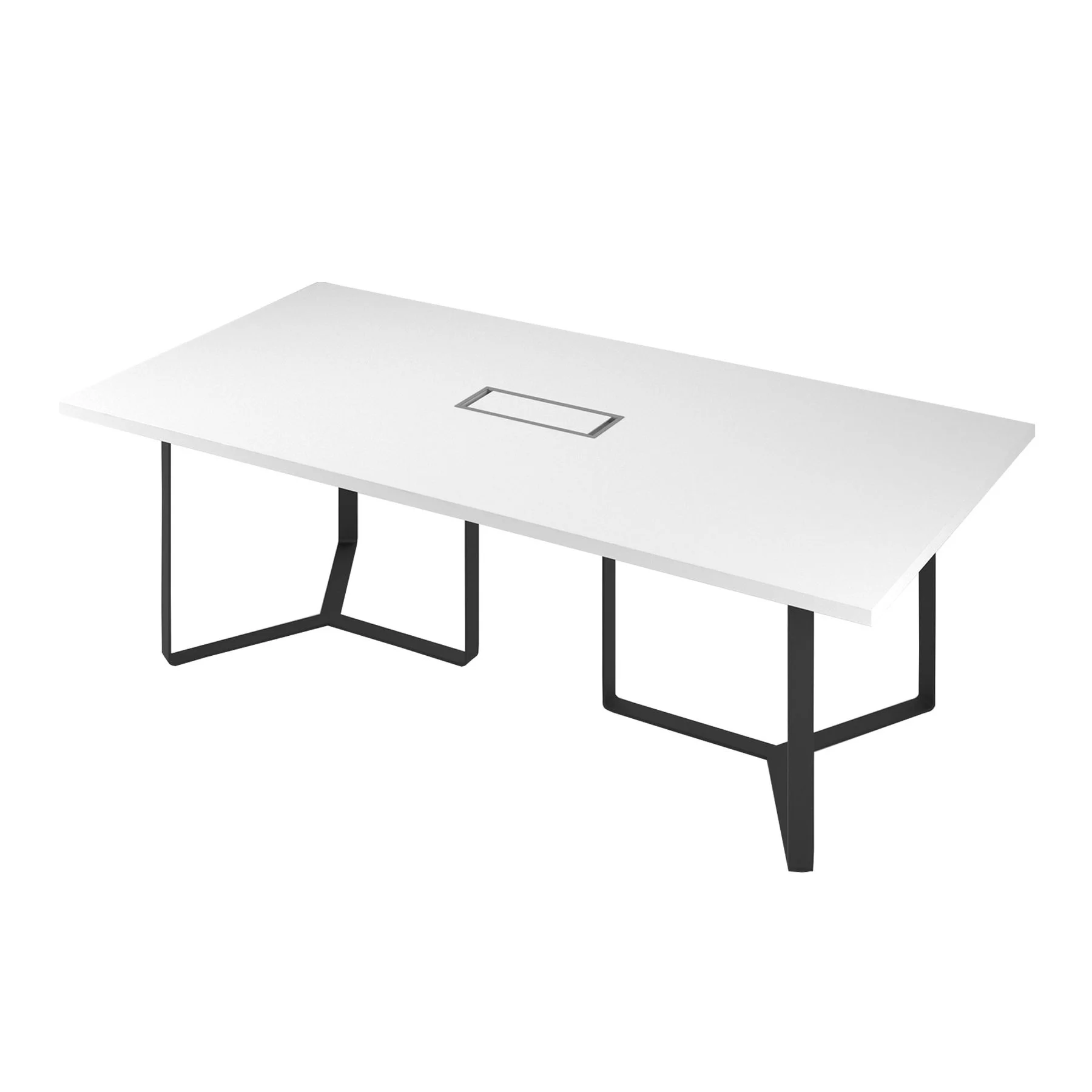 Conference table Narbutas Plana, 2400 x 1200 x 750 mm, rectangular top, chipboard 36 mm, white melamine, white metal, white metal cable box
