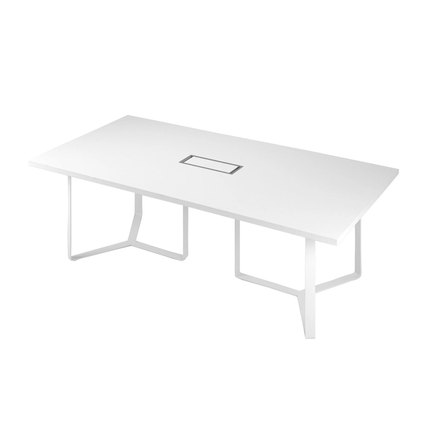 Conference table Narbutas Plana, 2400 x 1200 x 750 mm, rectangular top, chipboard 36 mm, white melamine, grey metal, white metal cable box