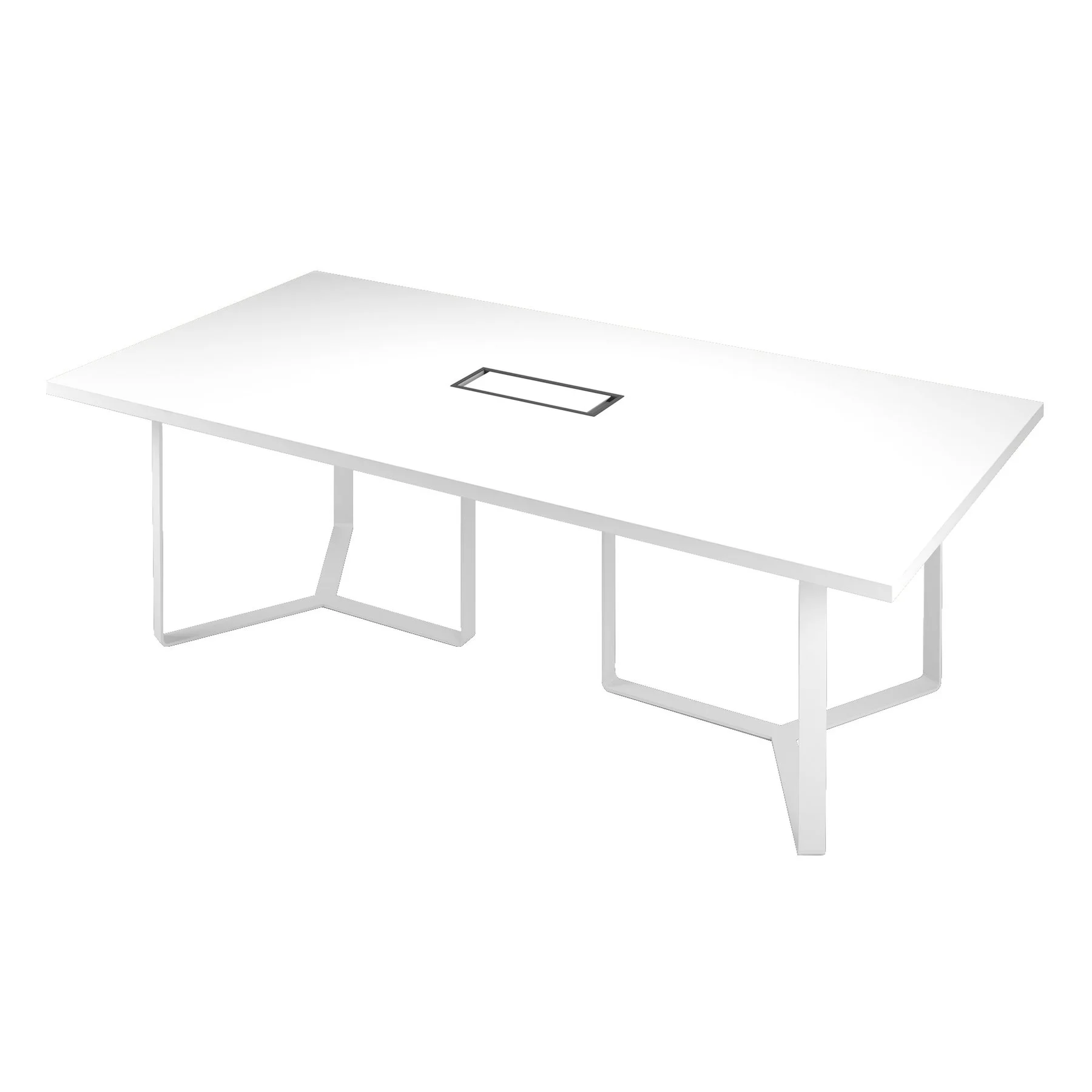 Conference table Narbutas Plana, 2400 x 1200 x 750 mm, rectangular top, chipboard 36 mm, white melamine, grey metal, bronze metal cable box