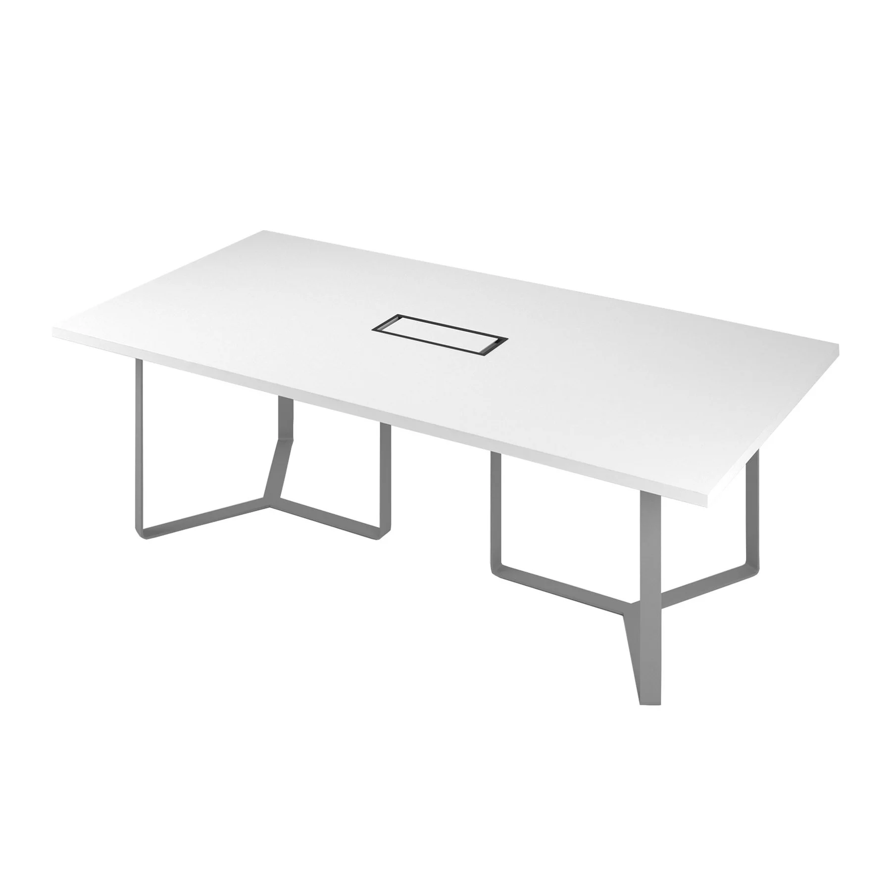Conference table Narbutas Plana, 2400 x 1200 x 750 mm, rectangular top, chipboard 36 mm, white melamine, grey metal, dark grey metal cable box