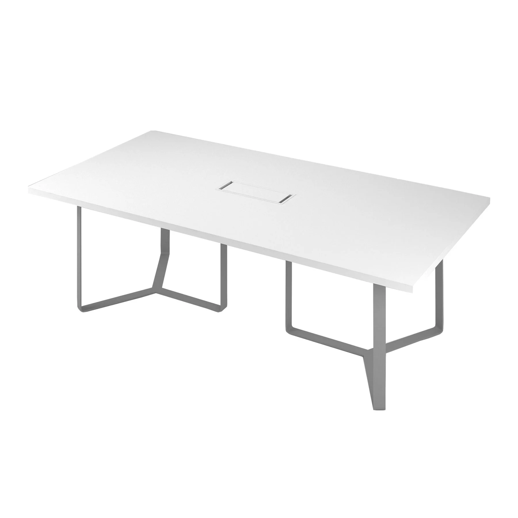 Conference table Narbutas Plana, 2400 x 1200 x 750 mm, rectangular top, chipboard 36 mm, white melamine, bronze metal, black metal cable box