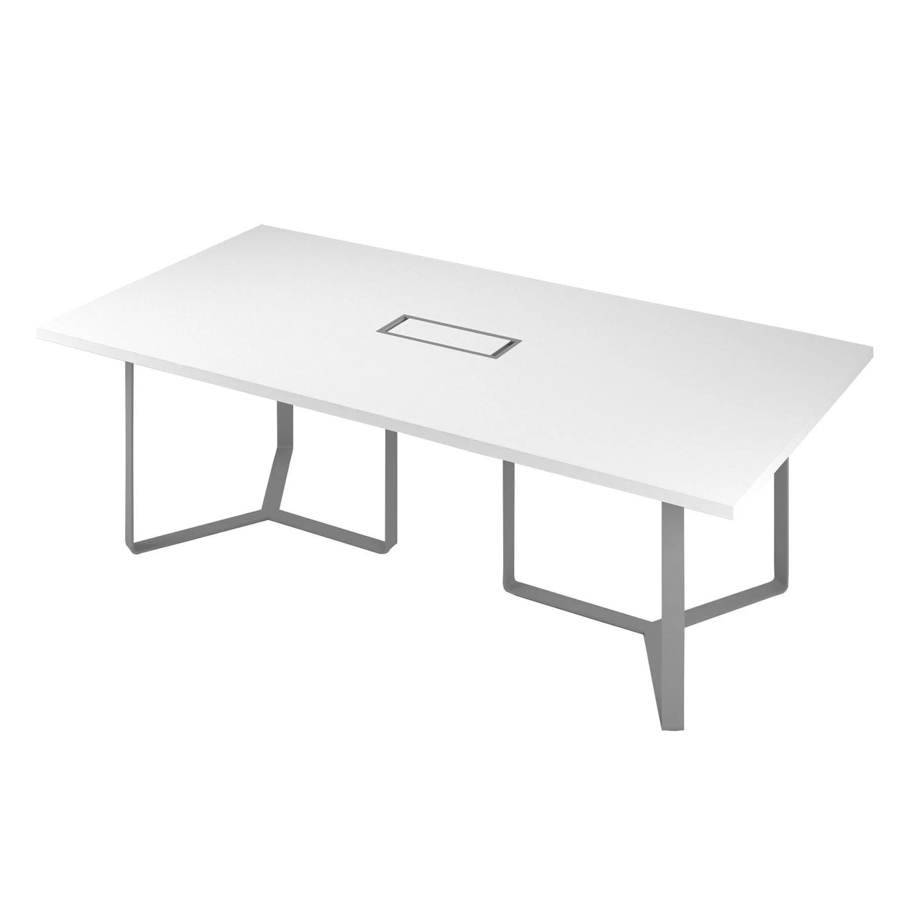 Conference table Narbutas Plana, 2400 x 1200 x 750 mm, rectangular top, chipboard 36 mm, white melamine, dark bronze metal, white metal cable box