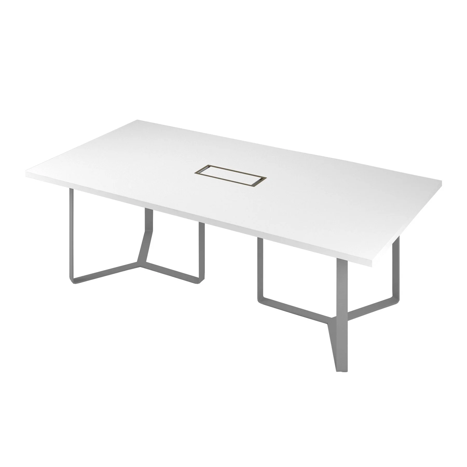 Conference table Narbutas Plana, 2400 x 1200 x 750 mm, rectangular top, chipboard 36 mm, white melamine, bronze metal, grey metal cable box